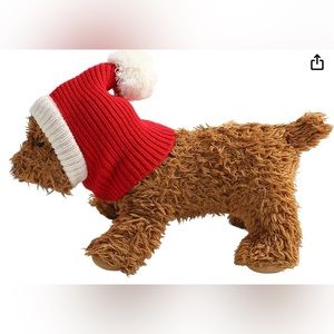 Christmas Dog Santa hat Headwear cable knit white puffy ball on top